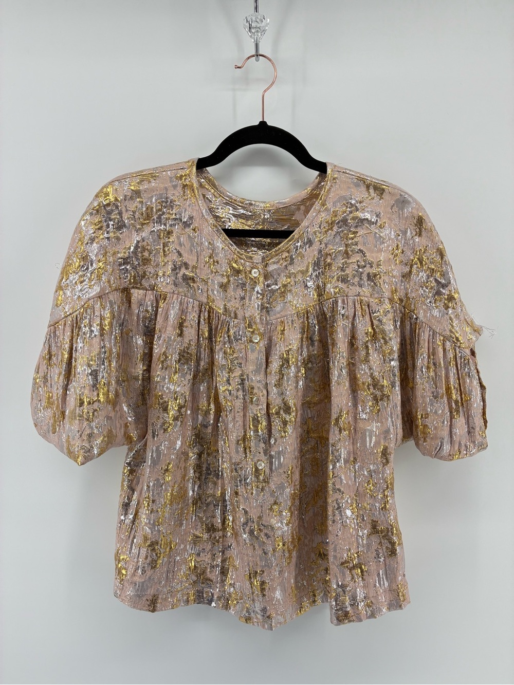 Masscob Silk Blend Metallic Floral Puff-Sleeve Button Front Top - Pink Gold